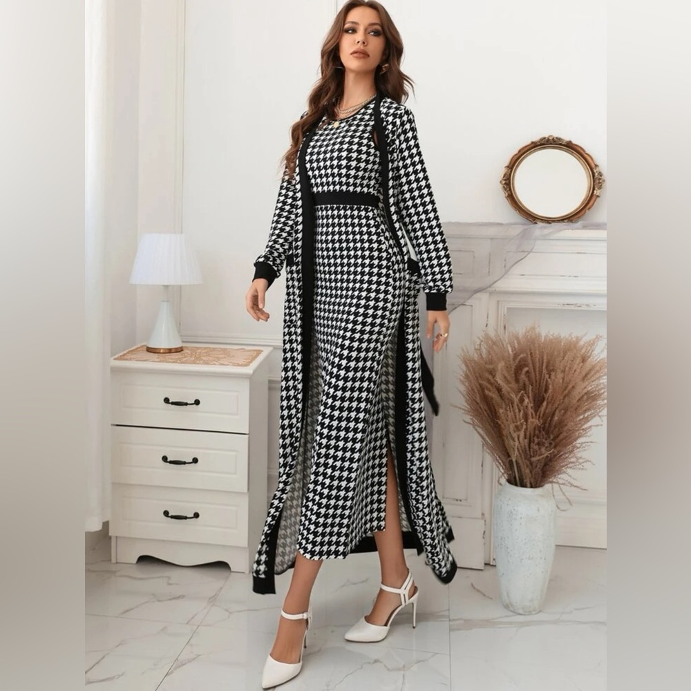 Shein houndstooth pattern dress with belt and Shaw